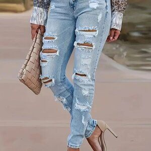 BRAND NEW  W/O TAGS-WOMENS HIGH DISTRESSED STRAIGHT LEG DENIM JEANS- SIZE S